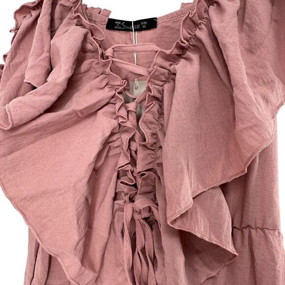 Pink Jumpsuit Off The Shoulder Ruffle Size M Lace Up V Neck Wide Leg Slit Boho - Picture 5 of 12